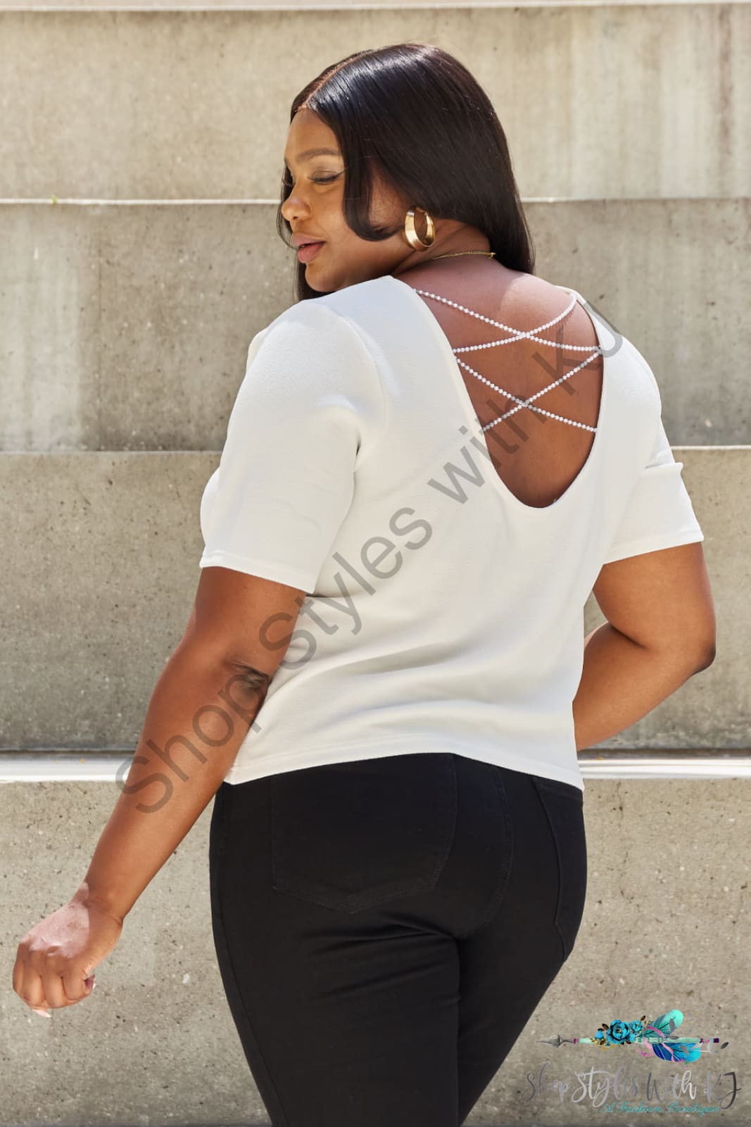 Pearly White Criss Cross Pearl Detail Open Back T-Shirt Shirts & Tops