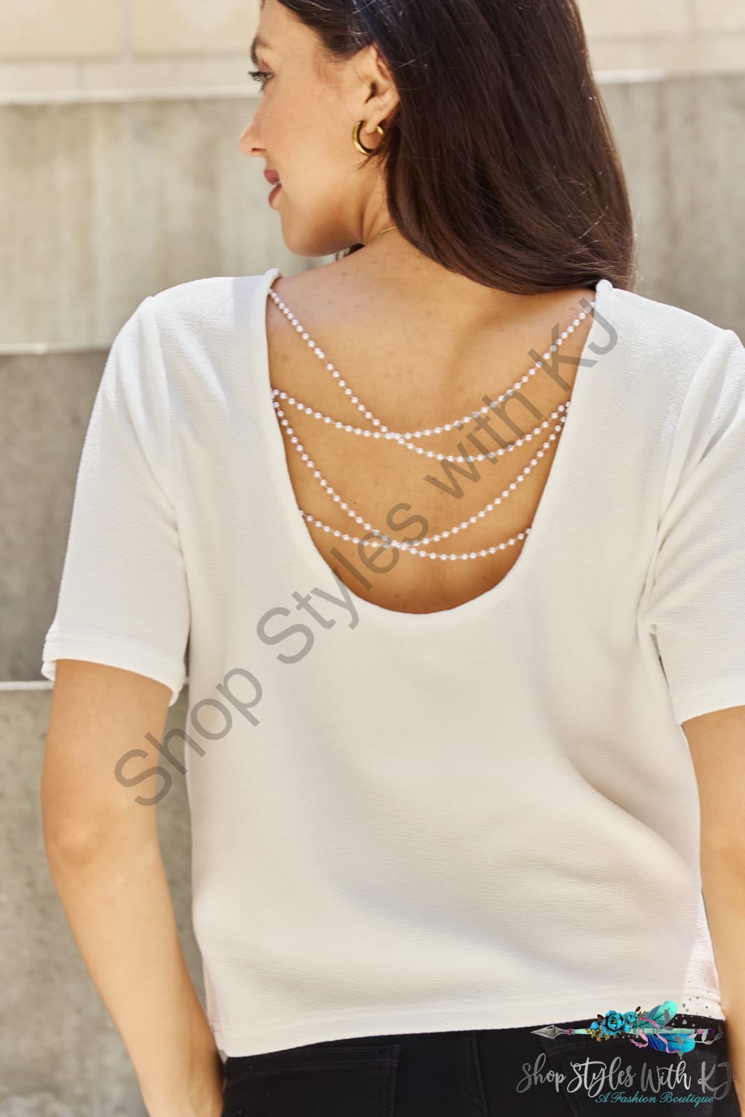 Pearly White Criss Cross Pearl Detail Open Back T-Shirt Shirts & Tops