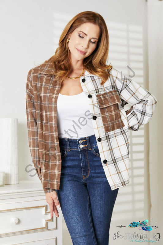 Double Take Plaid Contrast Button Up Shirt Jacket / S