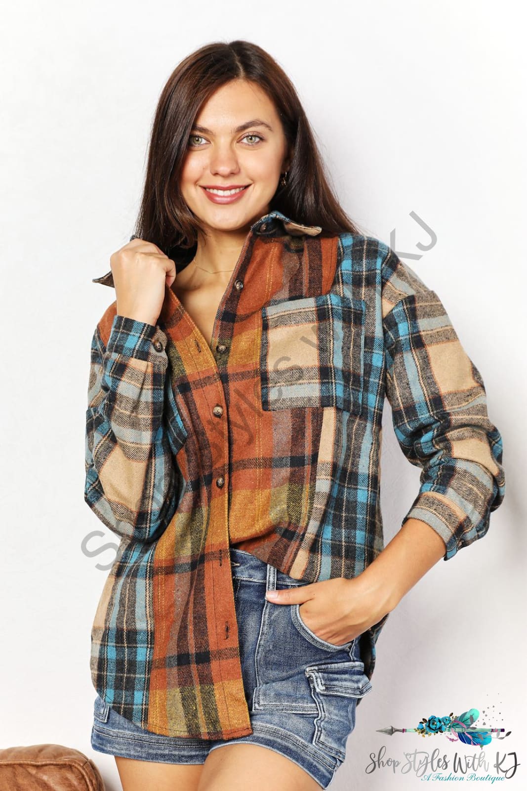 Double Take Plaid Curved Hem Shirt Jacket With Breast Pockets Coats & Jackets