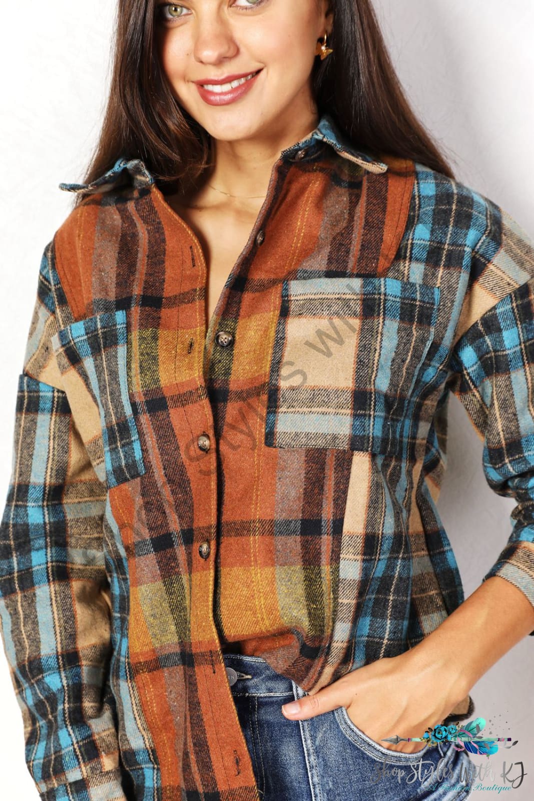 Double Take Plaid Curved Hem Shirt Jacket With Breast Pockets Coats & Jackets