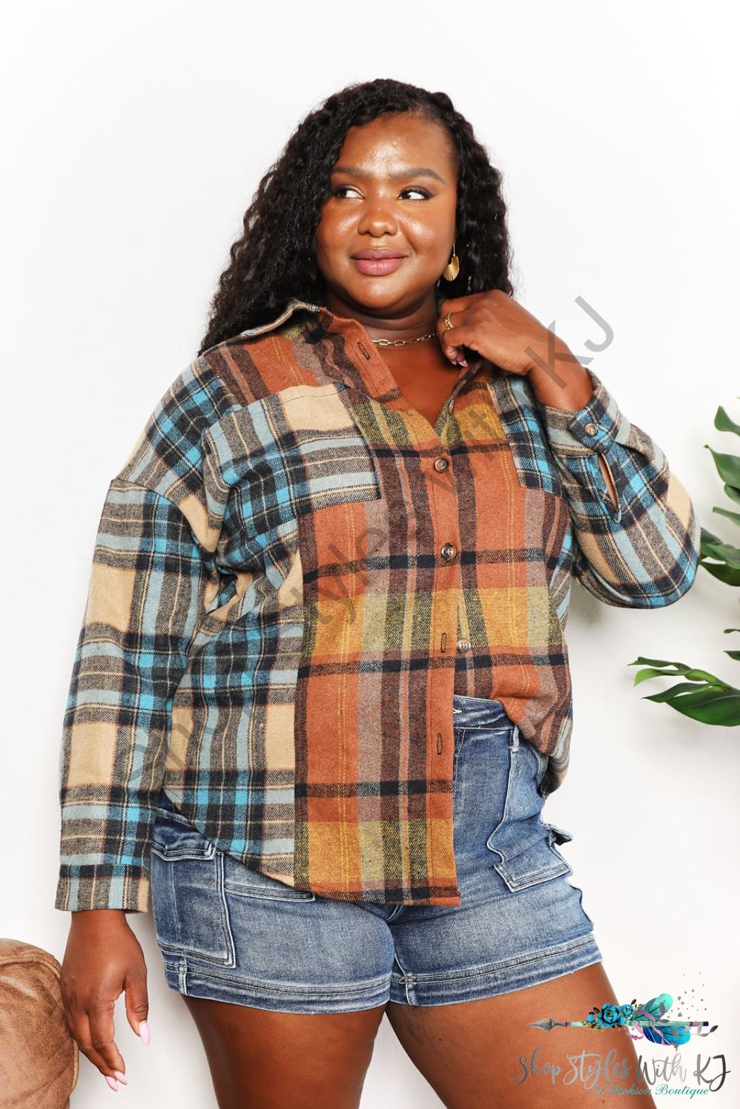 Double Take Plaid Curved Hem Shirt Jacket With Breast Pockets Coats & Jackets