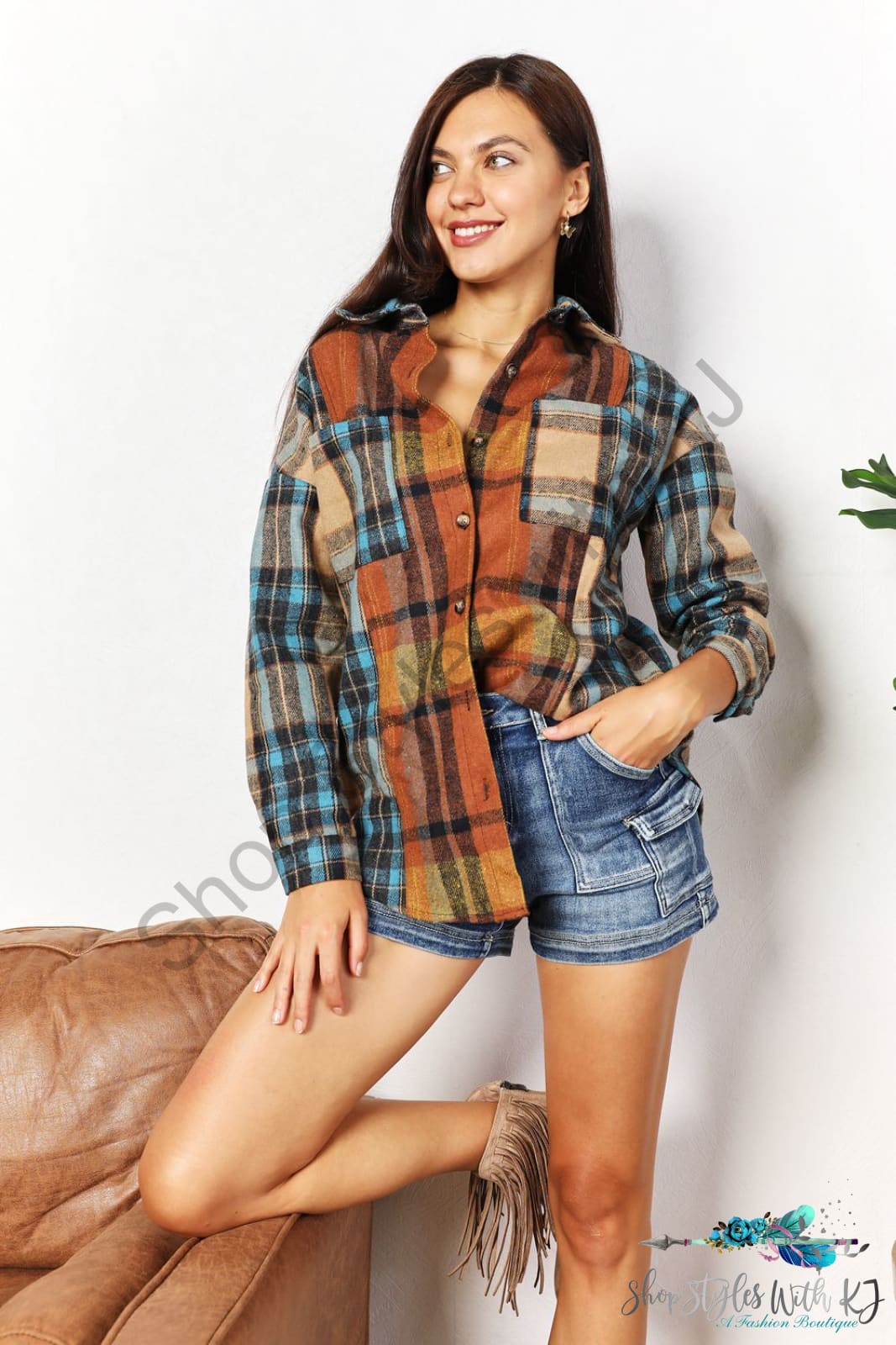 Double Take Plaid Curved Hem Shirt Jacket With Breast Pockets Coats & Jackets