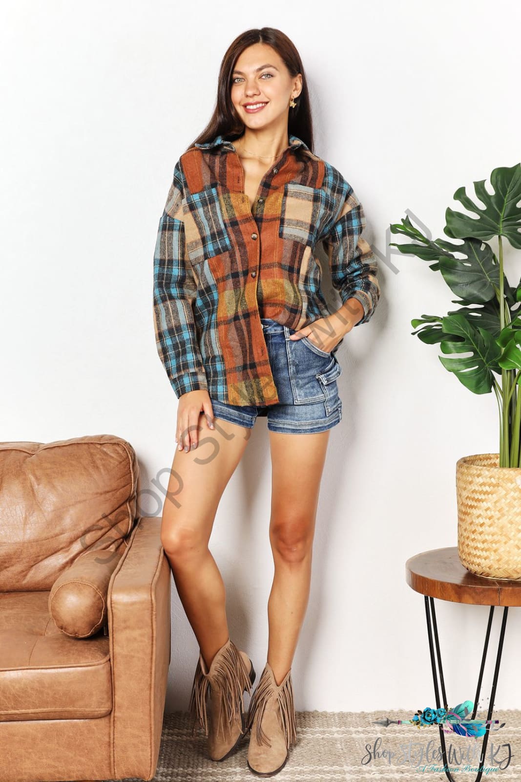 Double Take Plaid Curved Hem Shirt Jacket With Breast Pockets Coats & Jackets