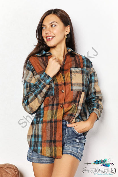 Double Take Plaid Curved Hem Shirt Jacket With Breast Pockets / S Coats & Jackets