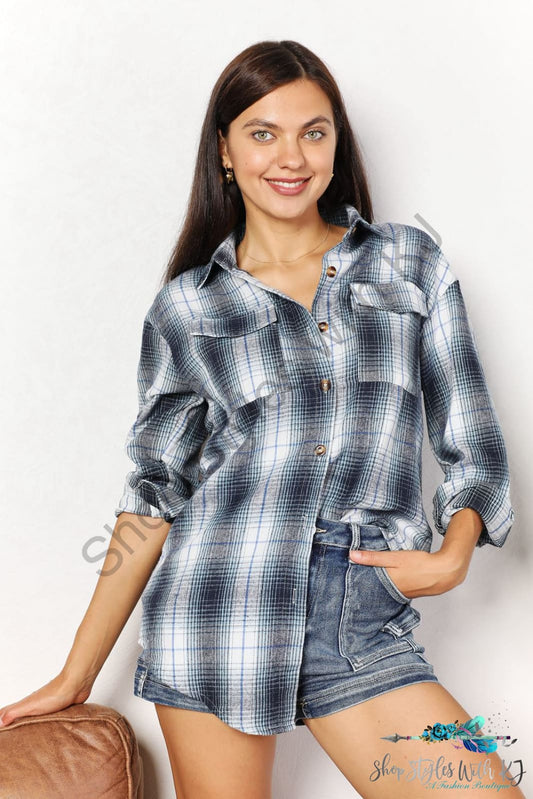 Double Take Plaid Dropped Shoulder Shirt Sky Blue / S Shirts & Tops