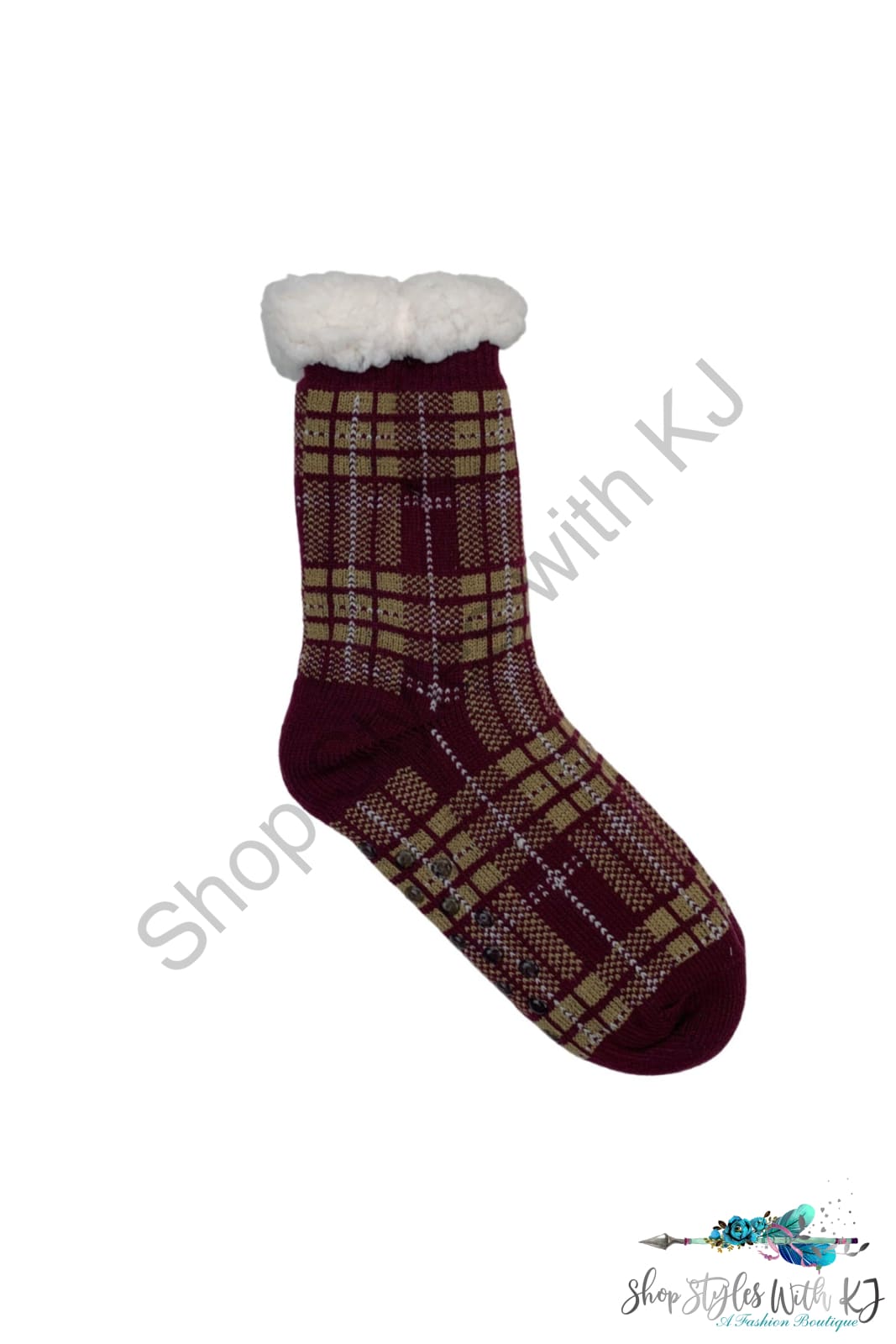 Plaid Fleece Lined Socks Burgundy Gifts