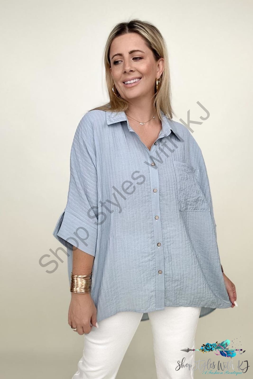 Umgee Pleated Batwing Short Sleeve Button Up Top Blouses