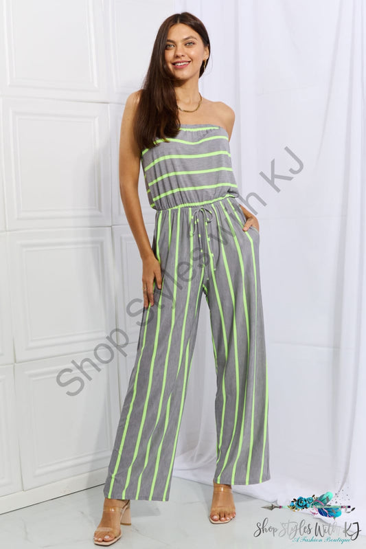Sew In Love Pop Of Color Full Size Sleeveless Striped Jumpsuit Grey/Neon Lime / S
