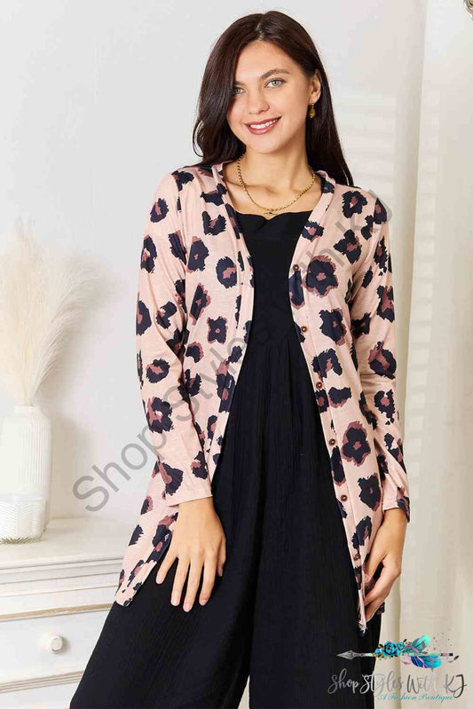 Printed Button Front Longline Cardigan Leopard / S Sweaters & Cardigans