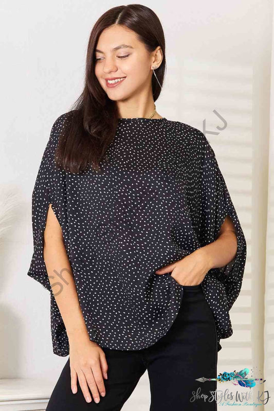 Double Take Printed Dolman Sleeve Round Neck Blouse Black / S Shirts & Tops