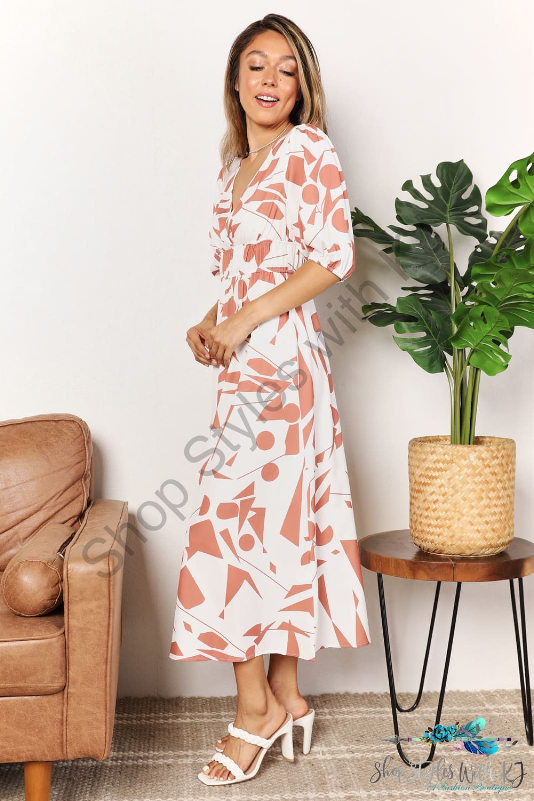 Double Take Printed Surplice Balloon Sleeve Dress Dresses