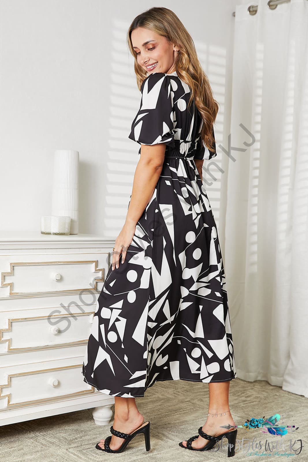 Double Take Printed Surplice Balloon Sleeve Dress Dresses