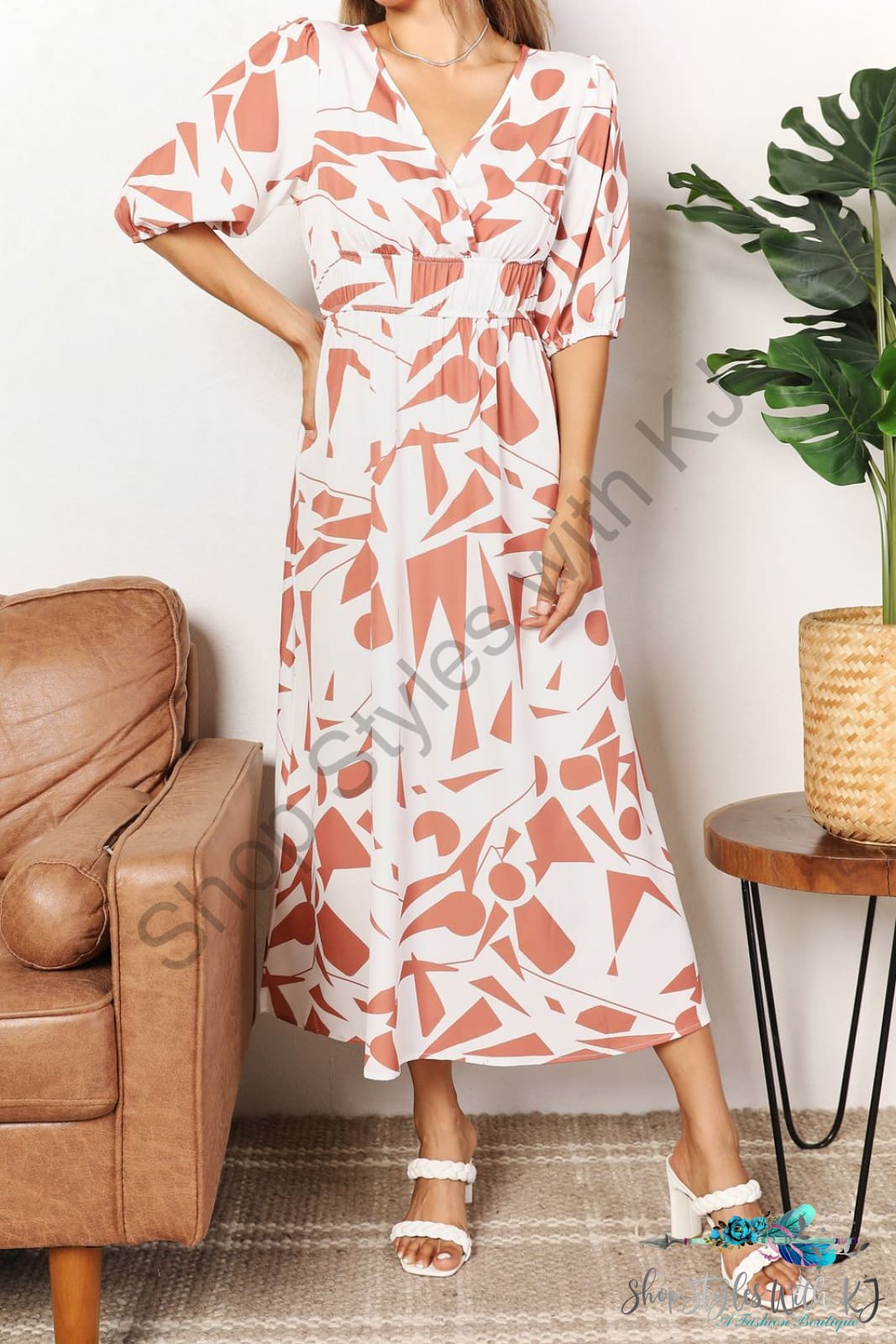 Double Take Printed Surplice Balloon Sleeve Dress Dresses