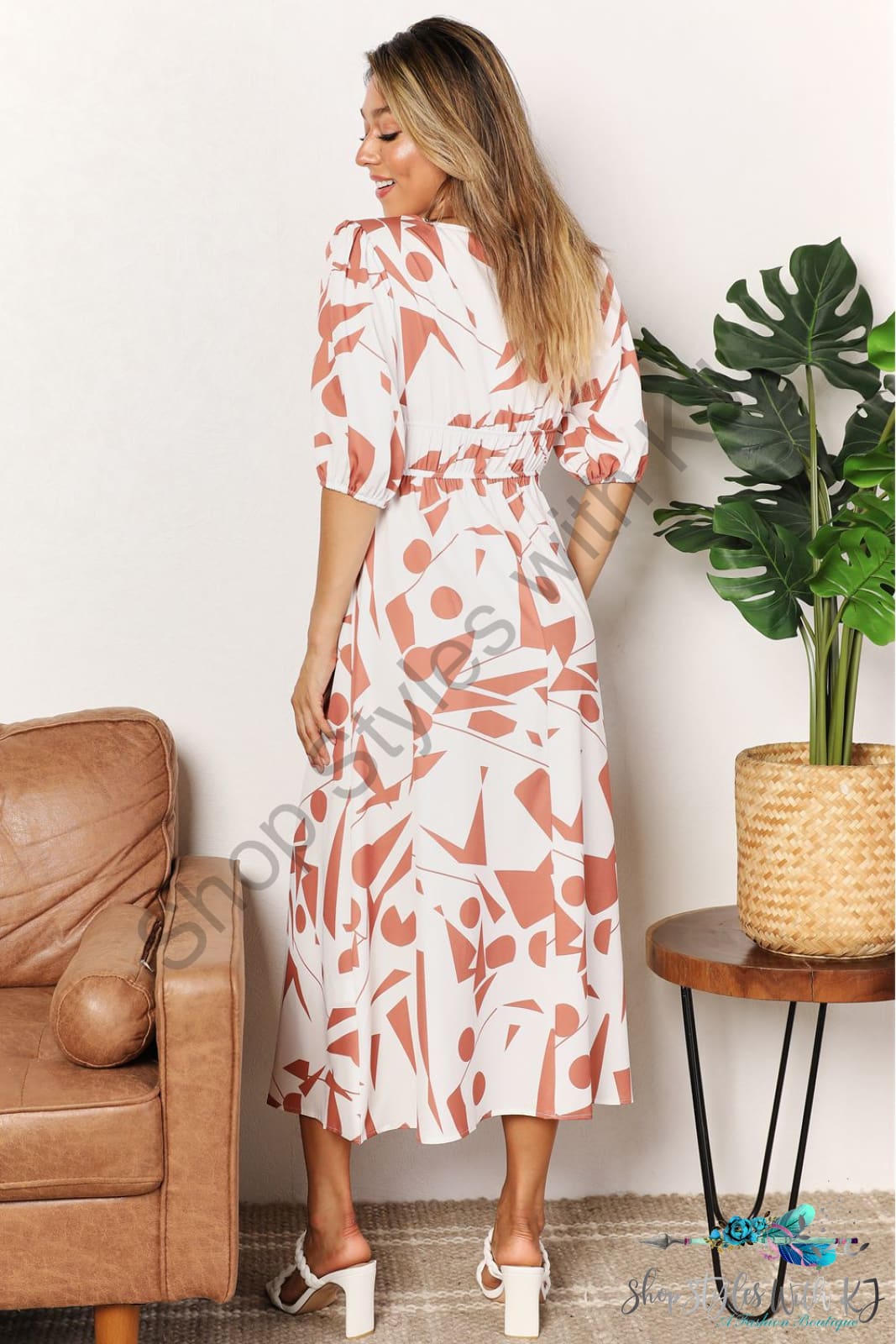 Double Take Printed Surplice Balloon Sleeve Dress Dresses