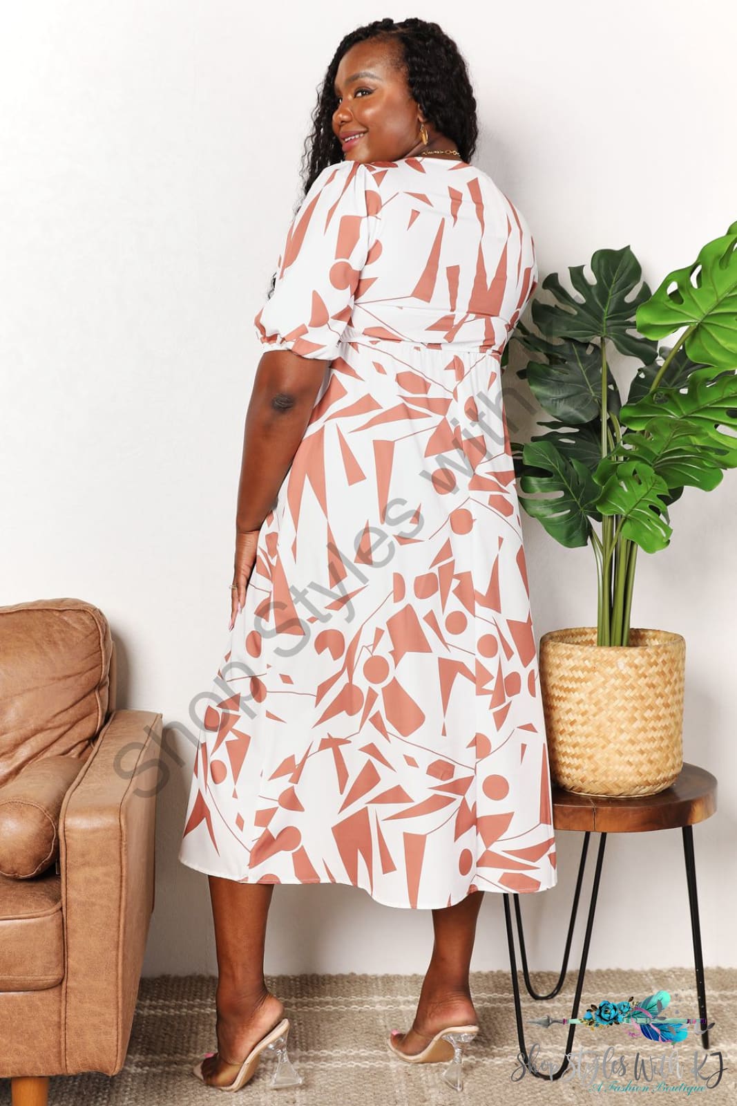 Double Take Printed Surplice Balloon Sleeve Dress Dresses