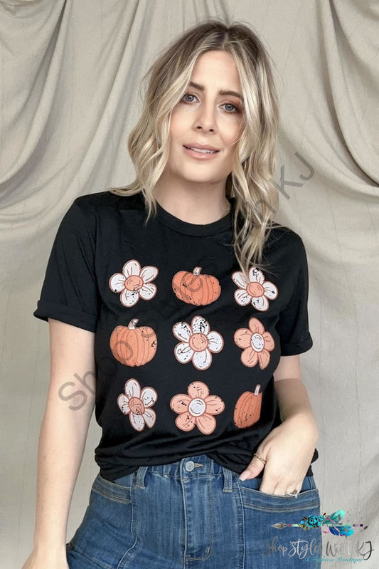 Pumpkin Flower Print Graphic Tee Black / S T-Shirts