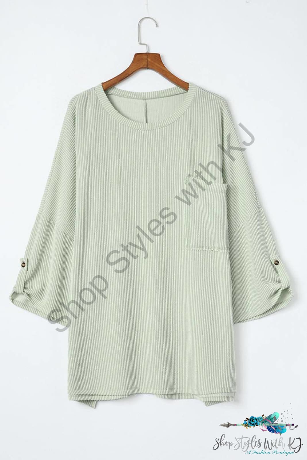 Ribbed Roll-Tab Sleeve Chest Pocket Oversize Top Blouses