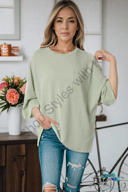 Ribbed Roll-Tab Sleeve Chest Pocket Oversize Top Light Green / S Blouses