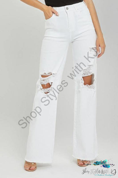 Risen High Rise Distressed Wide Leg Dad Jeans White / 0