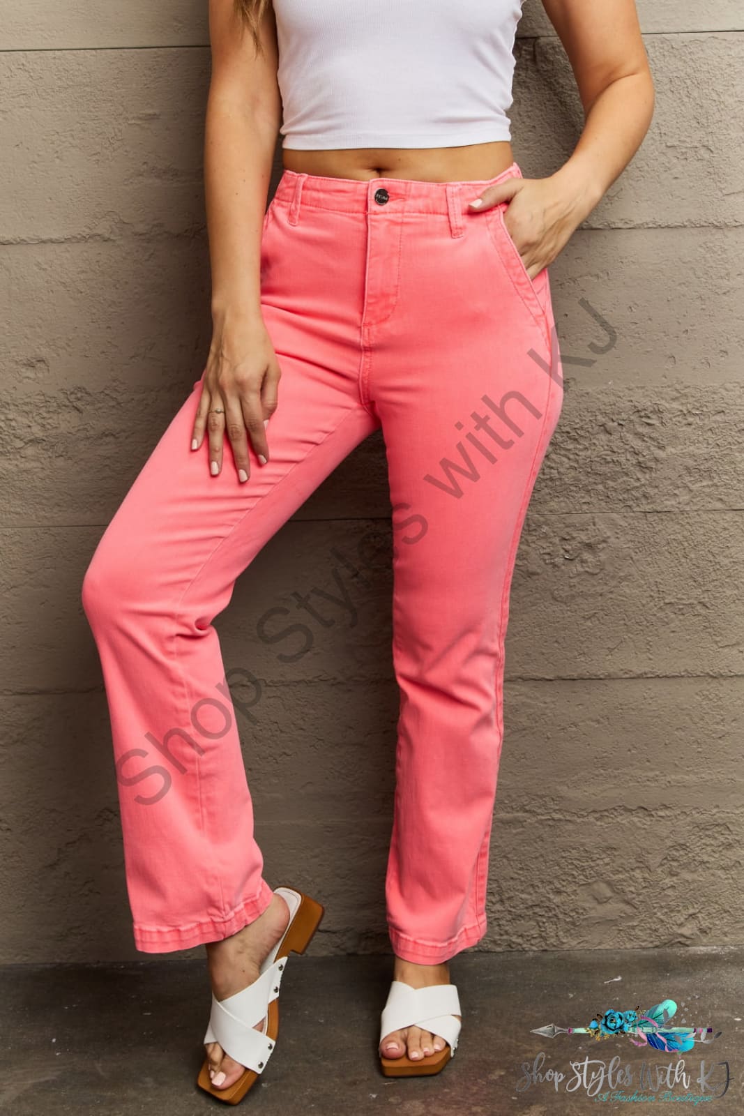 Risen Kenya Full Size High Waist Side Twill Straight Jeans Coral / 0