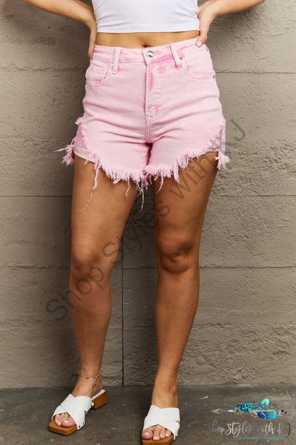 Risen Kylie High Waist Raw Hem Shorts Acid Pink / S