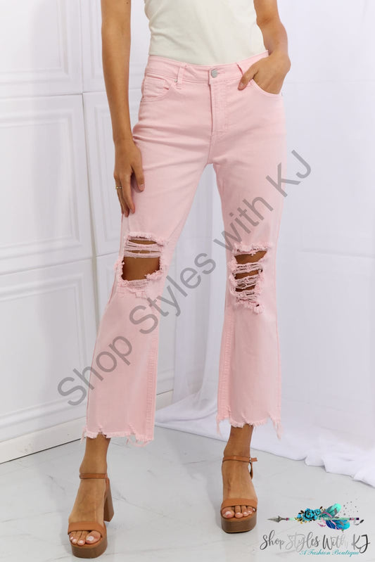 Risen Miley Full Size Distressed Ankle Flare Jeans Blush Pink / 0