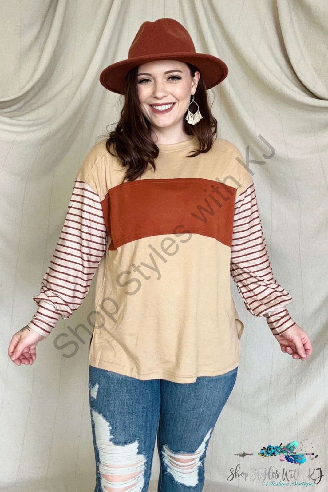 Round Neck Colorblock Striped Bishop Sleeve Top Camel / S T-Shirts