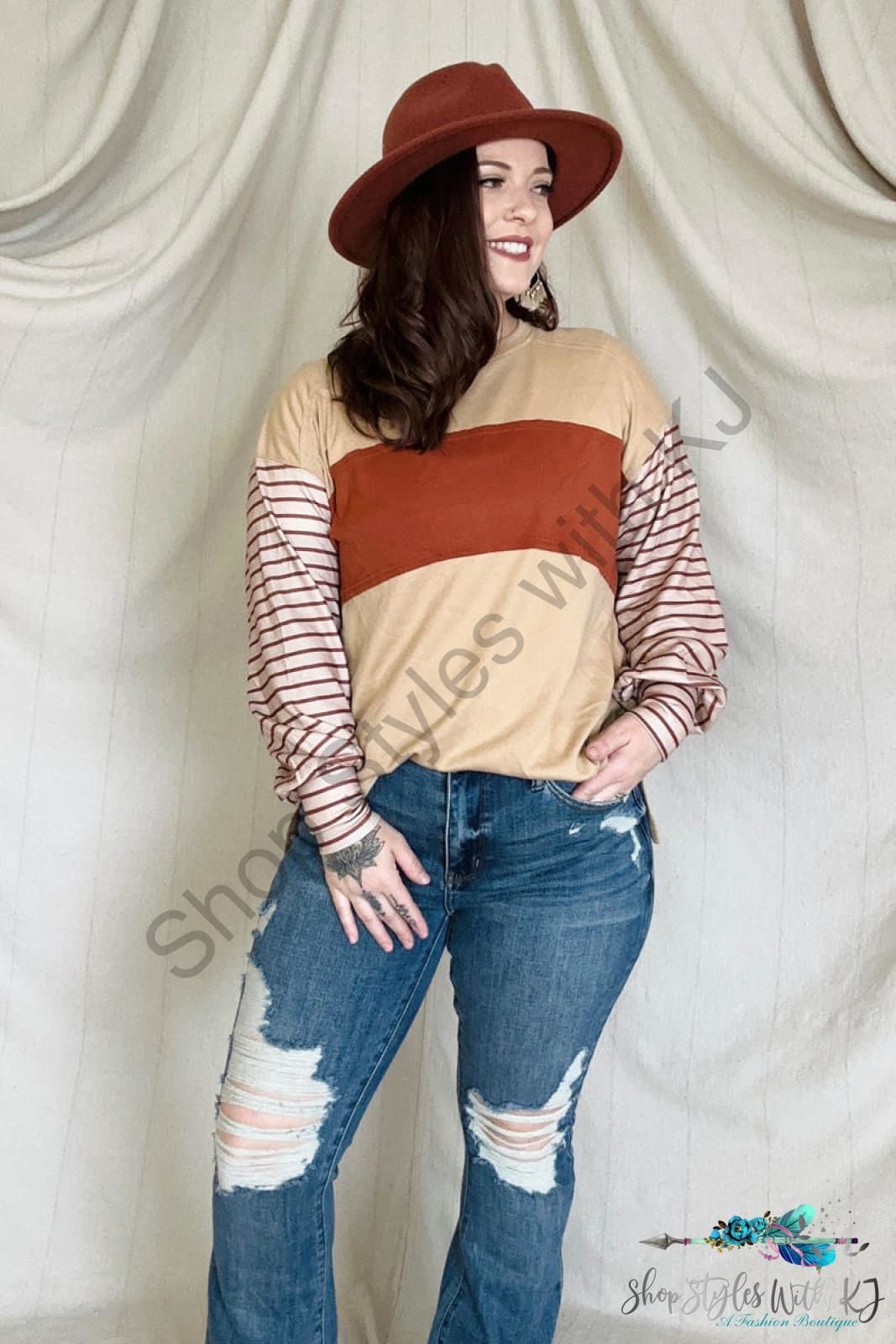 Round Neck Colorblock Striped Bishop Sleeve Top T-Shirts
