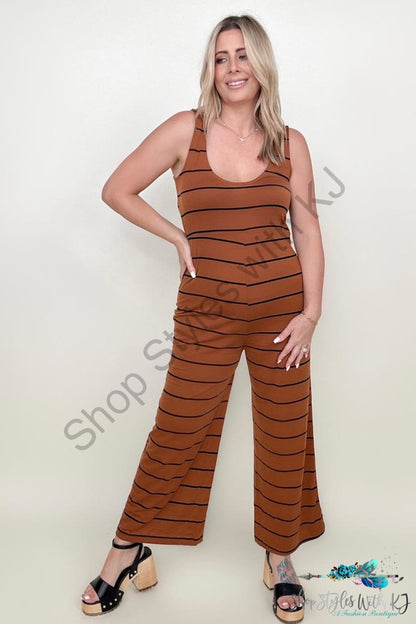 Round Neck Striped Sleeveless Wide Leg Jumpsuit Brown / S Jumpsuits