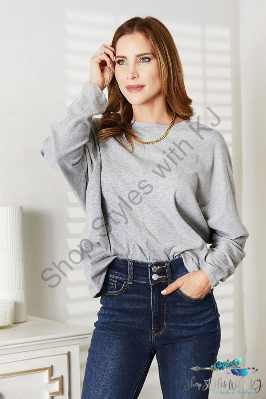 Double Take Seam Detail Round Neck Long Sleeve Top Light Gray / S