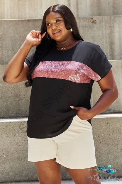 Shine Bright Center Mesh Sequin Top In Black/Mauve / S Shirts & Tops