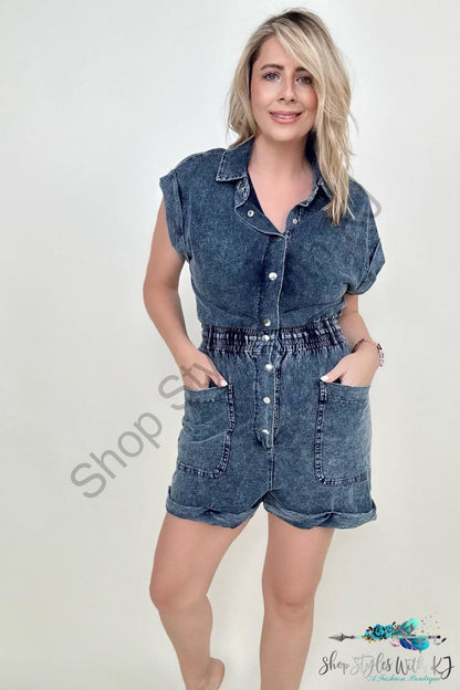 White Birch Short Sleeve Buttoned Front Woven Romper Denim / S Rompers
