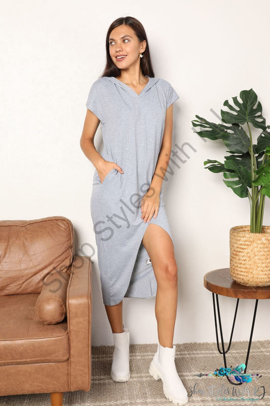 Double Take Short Sleeve Front Slit Hooded Dress Light Gray / S