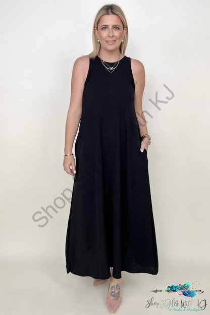 Be Stage Sleeveless Airflow A-Line Maxi Dress Black / S Dresses