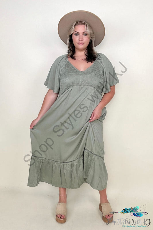 Heyson Smocked Bust Butterfly Sleeve Midi Dress With Pockets Green Tea / S Dresses