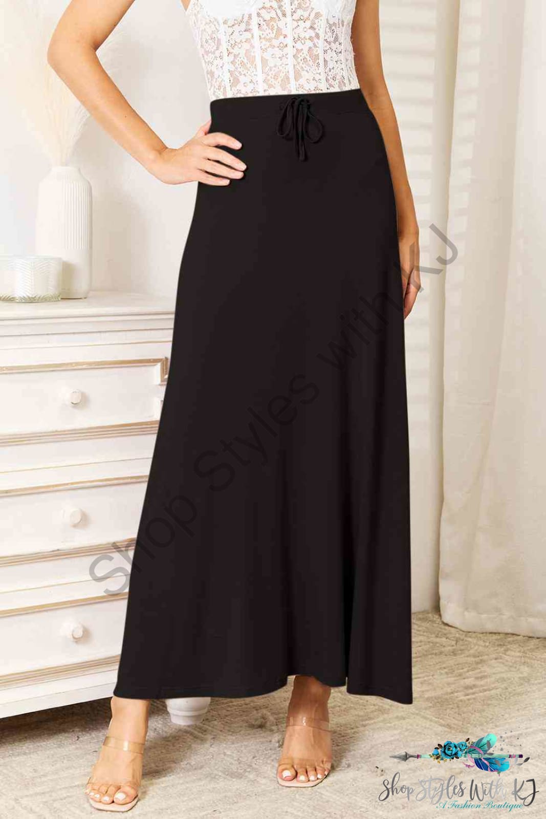 Double Take Full Size Soft Rayon Drawstring Waist Maxi Skirt Black / S Skirts