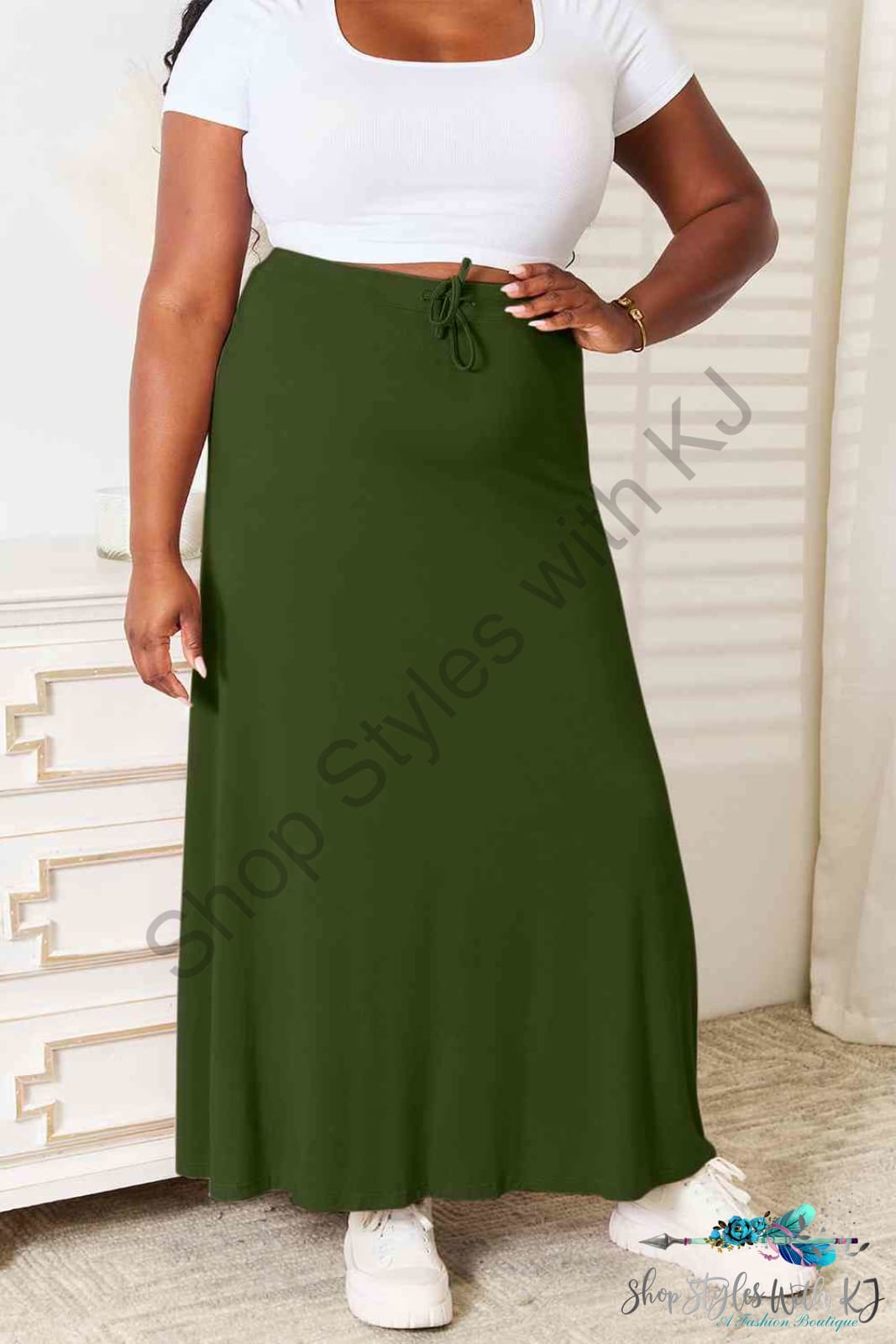 Double Take Full Size Soft Rayon Drawstring Waist Maxi Skirt Green / M Skirts