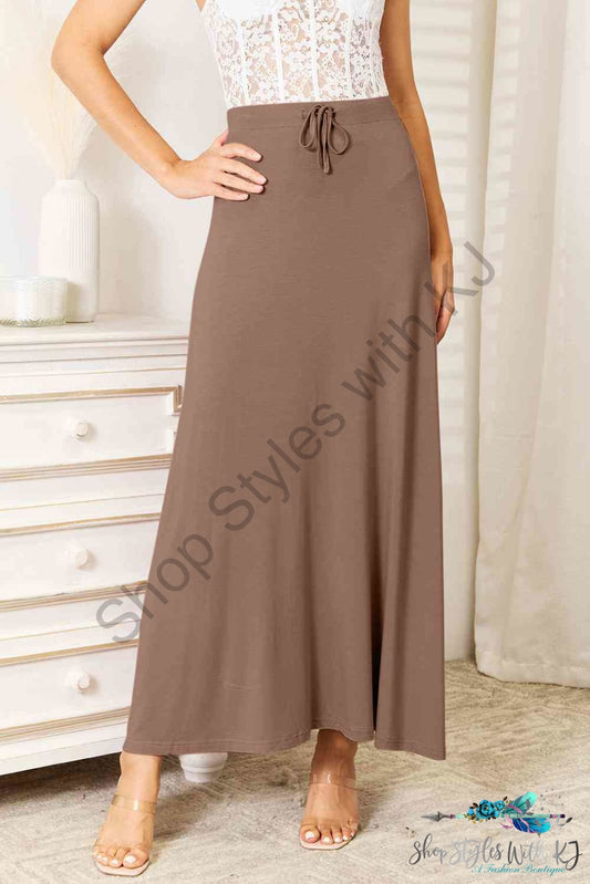 Double Take Full Size Soft Rayon Drawstring Waist Maxi Skirt Taupe / S Skirts