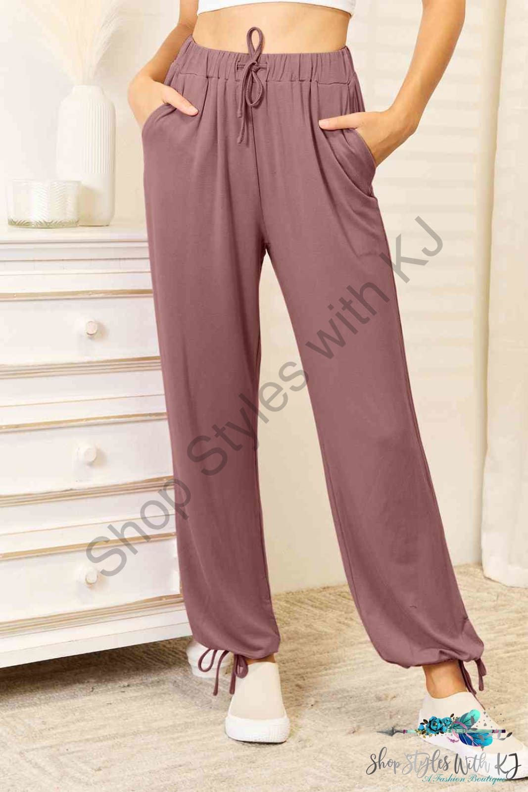 Soft Rayon Drawstring Waist Pants With Pockets