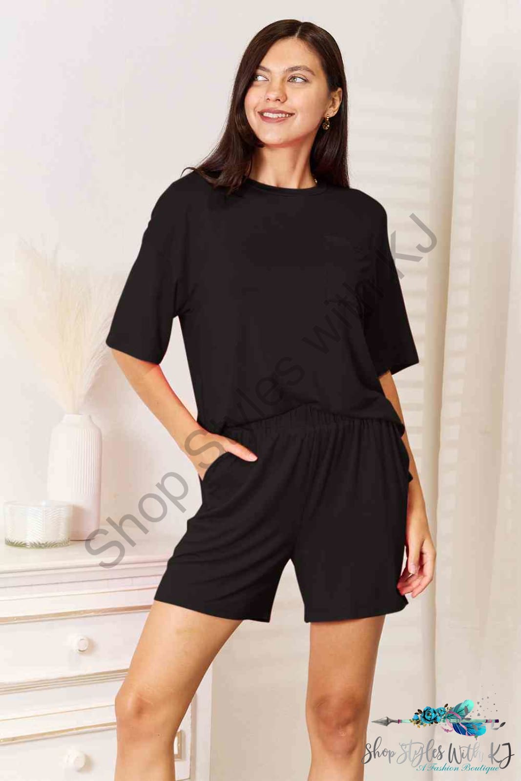 Basic Bae Full Size Soft Rayon Half Sleeve Top And Shorts Set Black / S Lounge