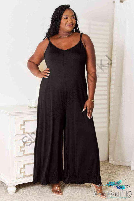Double Take Full Size Soft Rayon Spaghetti Strap Tied Wide Leg Jumpsuit Black / S Jumpsuits &