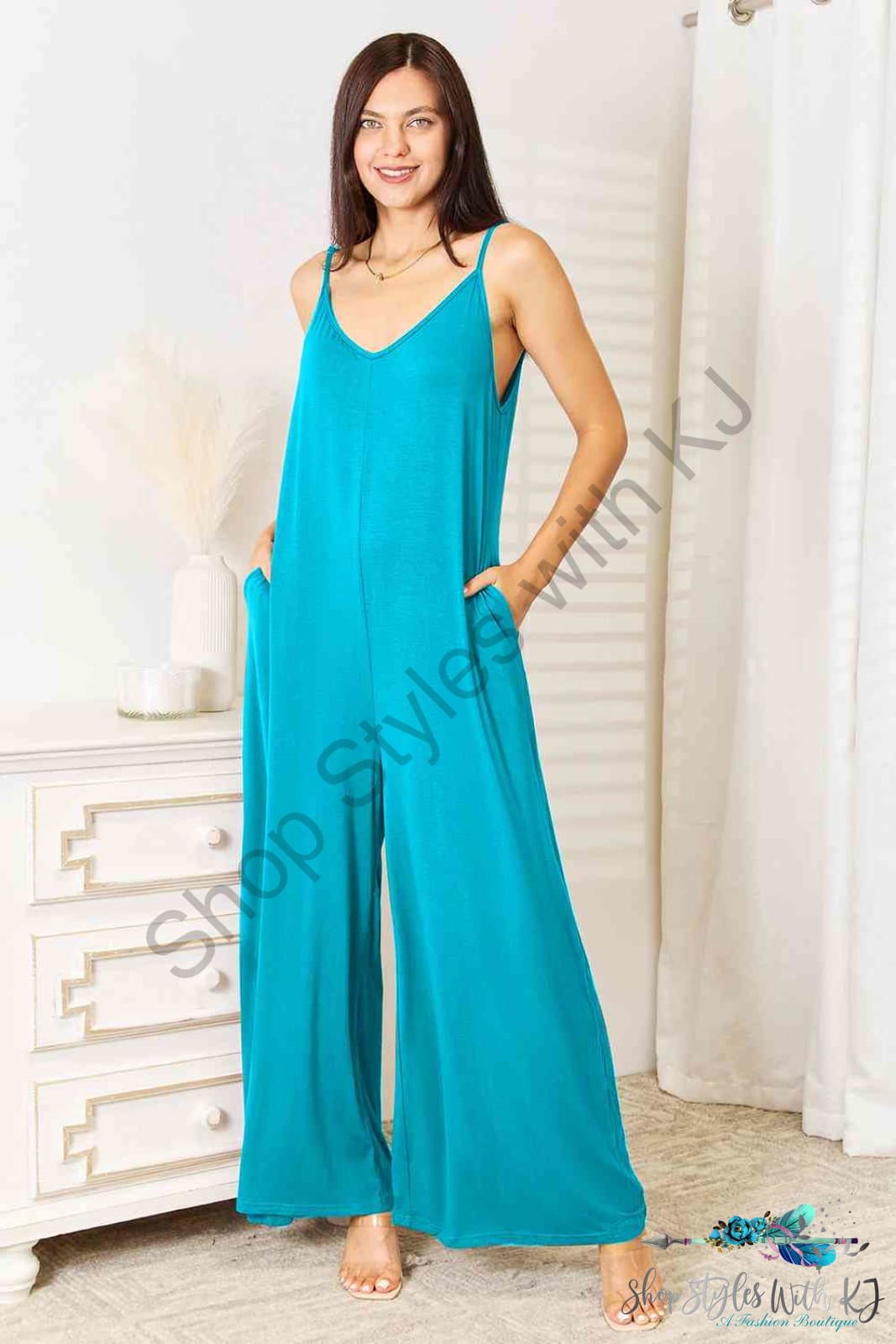 Double Take Full Size Soft Rayon Spaghetti Strap Tied Wide Leg Jumpsuit Jumpsuits & Rompers