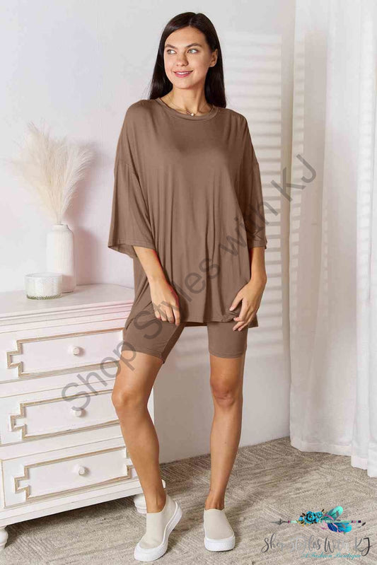 Basic Bae Full Size Soft Rayon Three-Quarter Sleeve Top And Shorts Set Taupe / S
