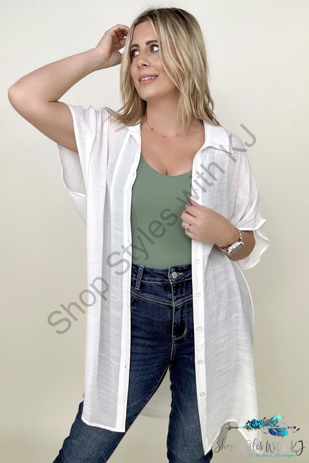 Gigio Solid Button Down Loose Fit Gauzy Tunic Blouses
