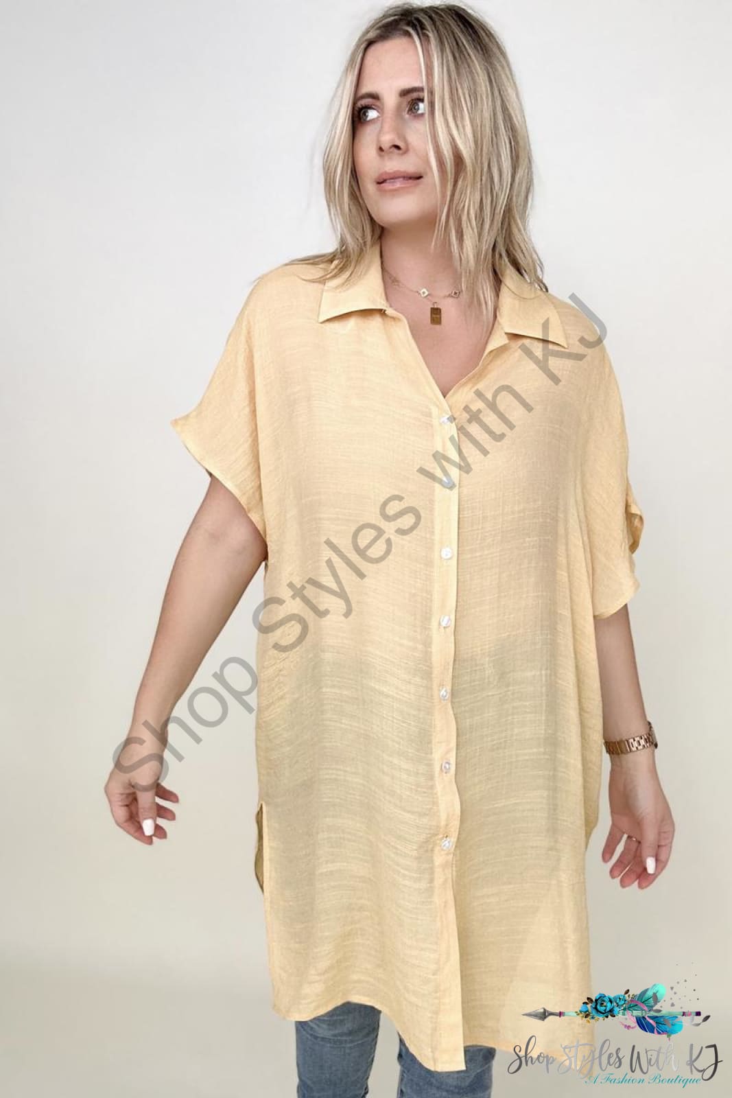 Gigio Solid Button Down Loose Fit Gauzy Tunic Honey / S Blouses