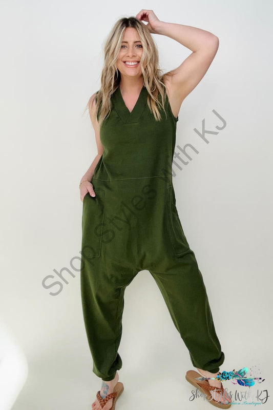 Zenana Solid Sleeveless Harem Jumpsuit Army Green / S Jumpsuits