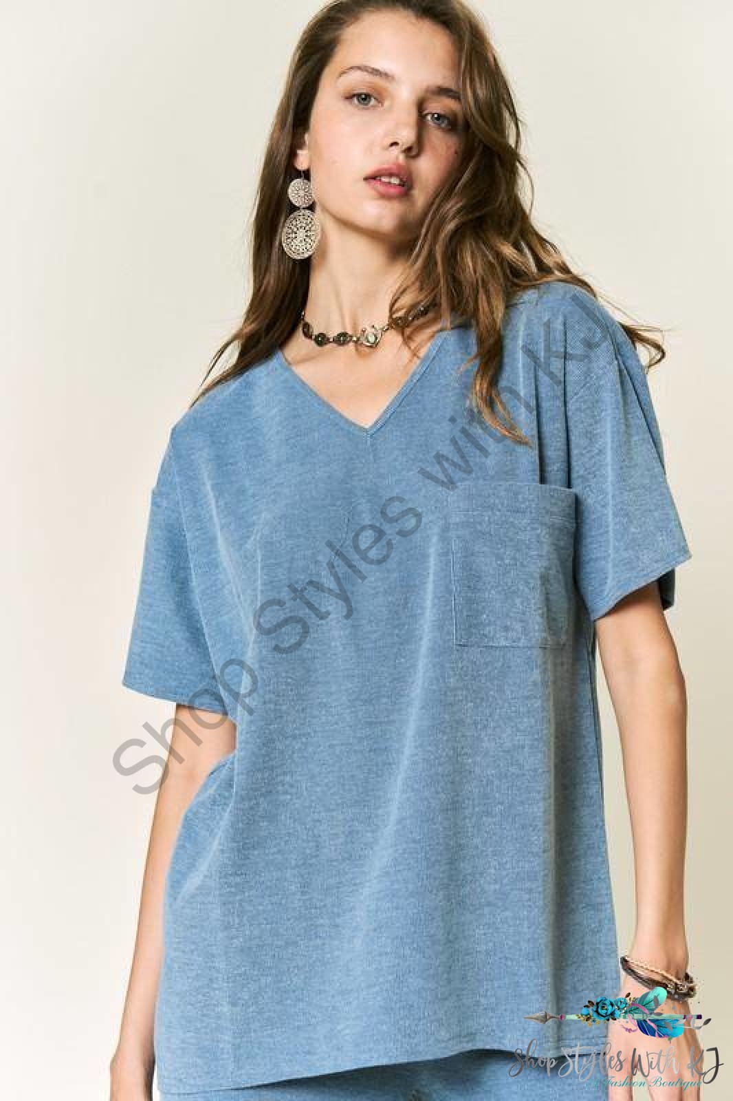 Petal Dew Solid V Neck Short Sleeve Loose Fit T-Shirt Denim Blue / S T-Shirts