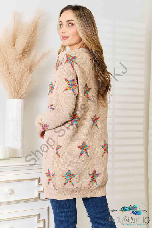 Double Take Star Pattern Open Front Longline Cardigan Sweaters & Cardigans