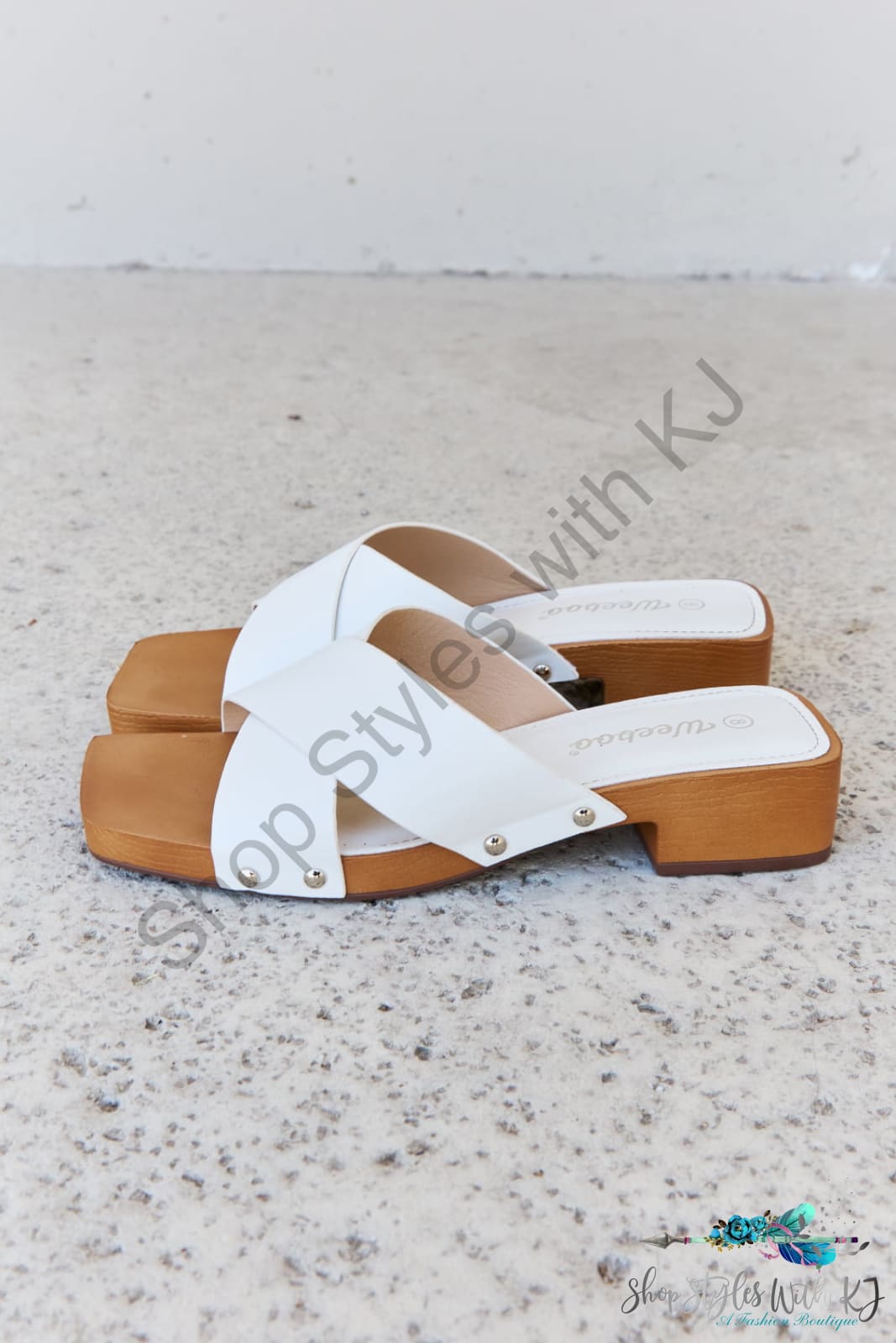 Weeboo Step Into Summer Criss Cross Wooden Clog Mule In White Shoes